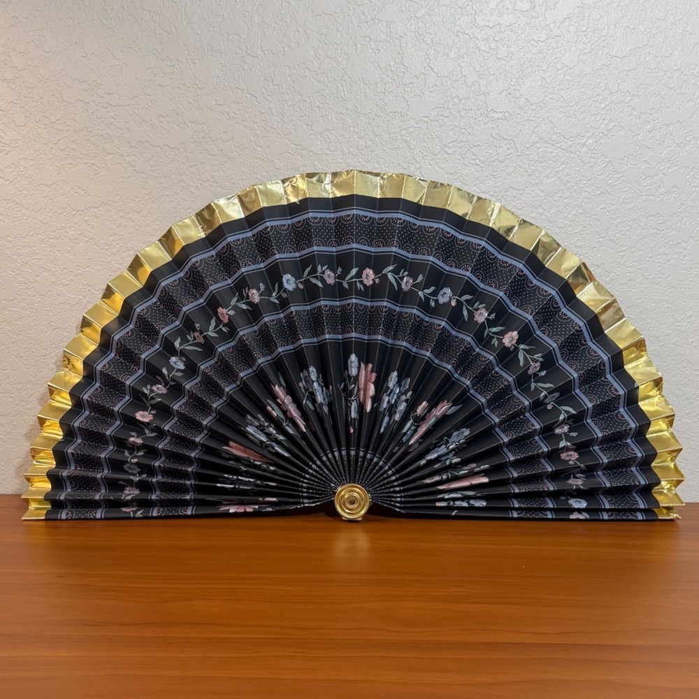 Decorative Folding Wall Or Table Fan Black Gold Floral Wall Decor 29" Diameter
